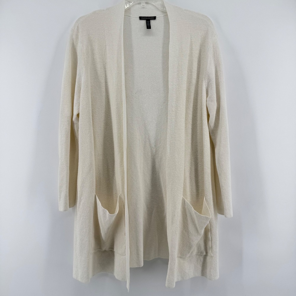 Eileen Fisher Cardigan Womens Large Cream Linen Blend Longline Open Front Pocket